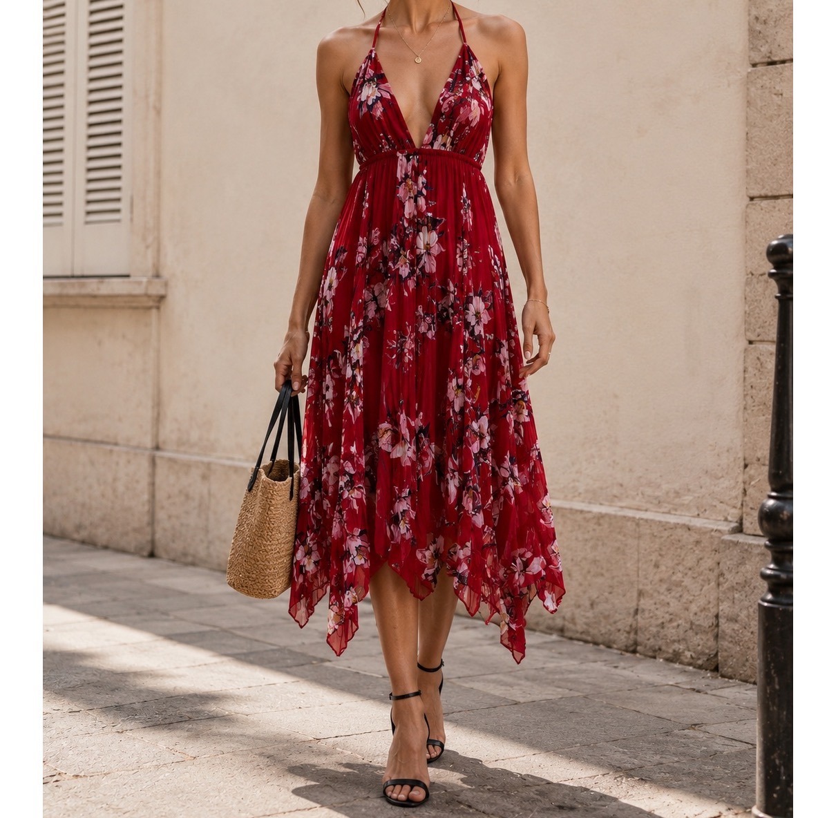 Alice + Olivia Red Floral Halter Maxi Dress Handkerchief Hem Pleated S